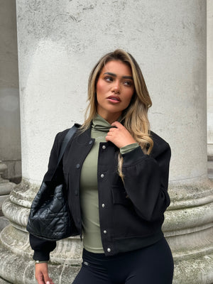 Khaki Long Sleeve Top with High Neck